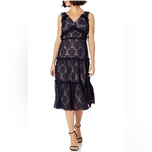 Maggy London Women's Petite Pleat Lace Tiered Cocktail Dress, Galaxy Blue Size 6